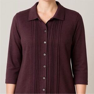 APRIL CORNELL button up short sleeve sweater ruffled placket burgundy purple sml